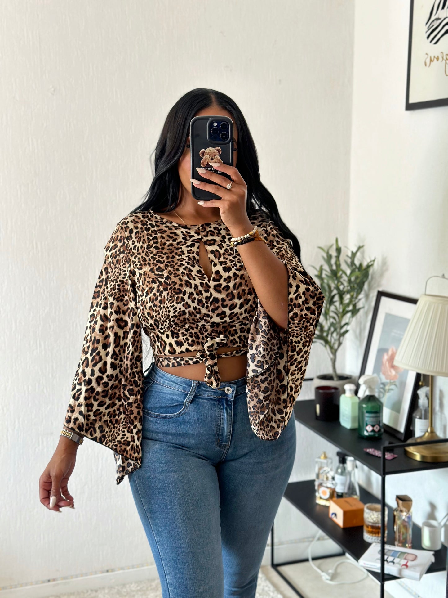 Top leopard manche évasé, dos nu