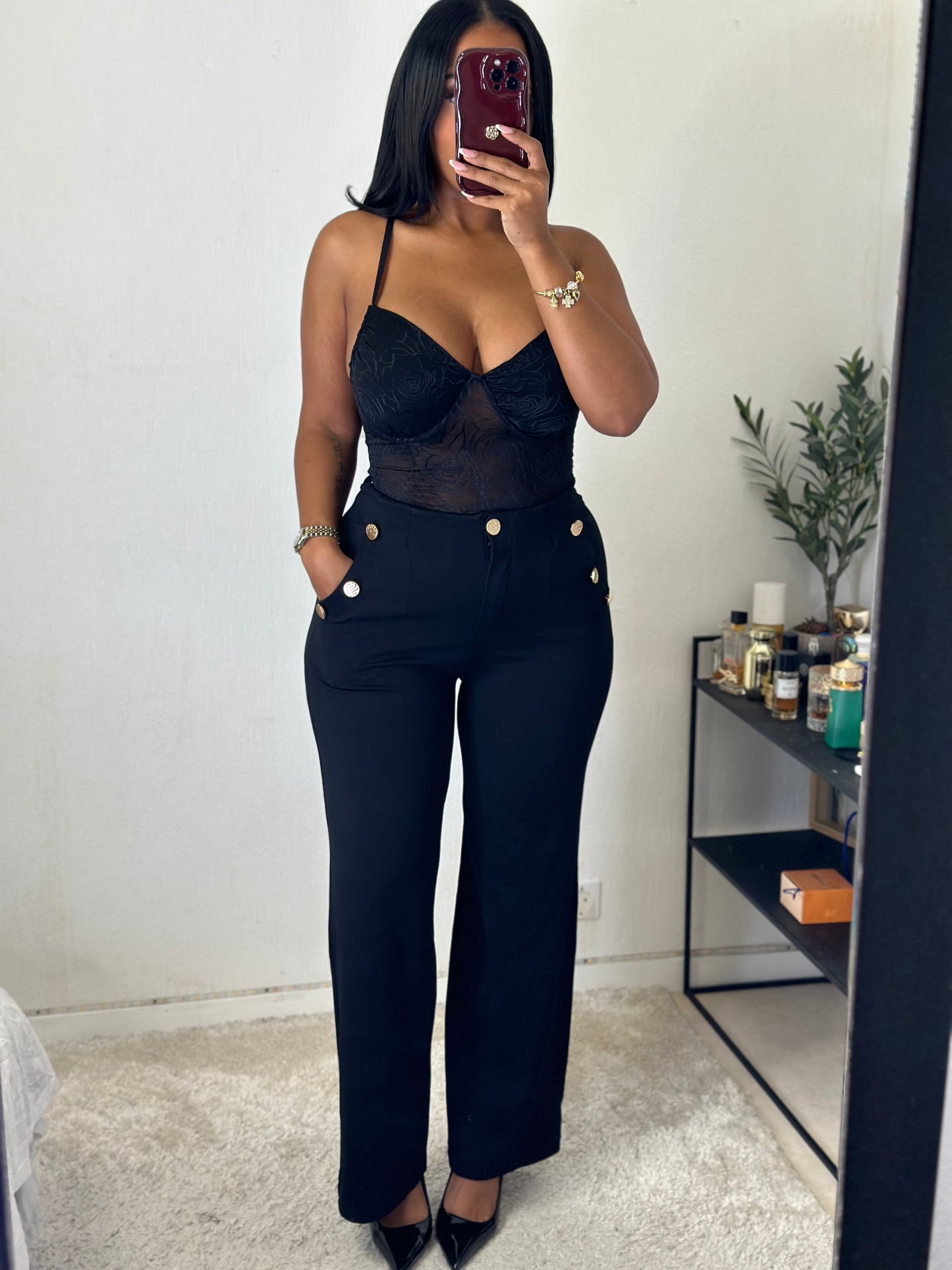 Pantalon AMAR extensible noir a bouton doré