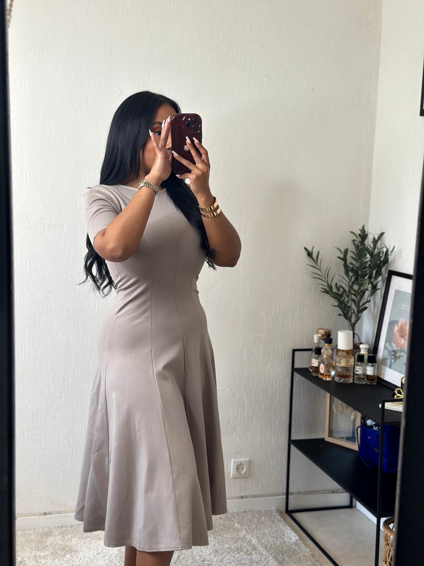 Robe LINA cintré mi longue Taupe