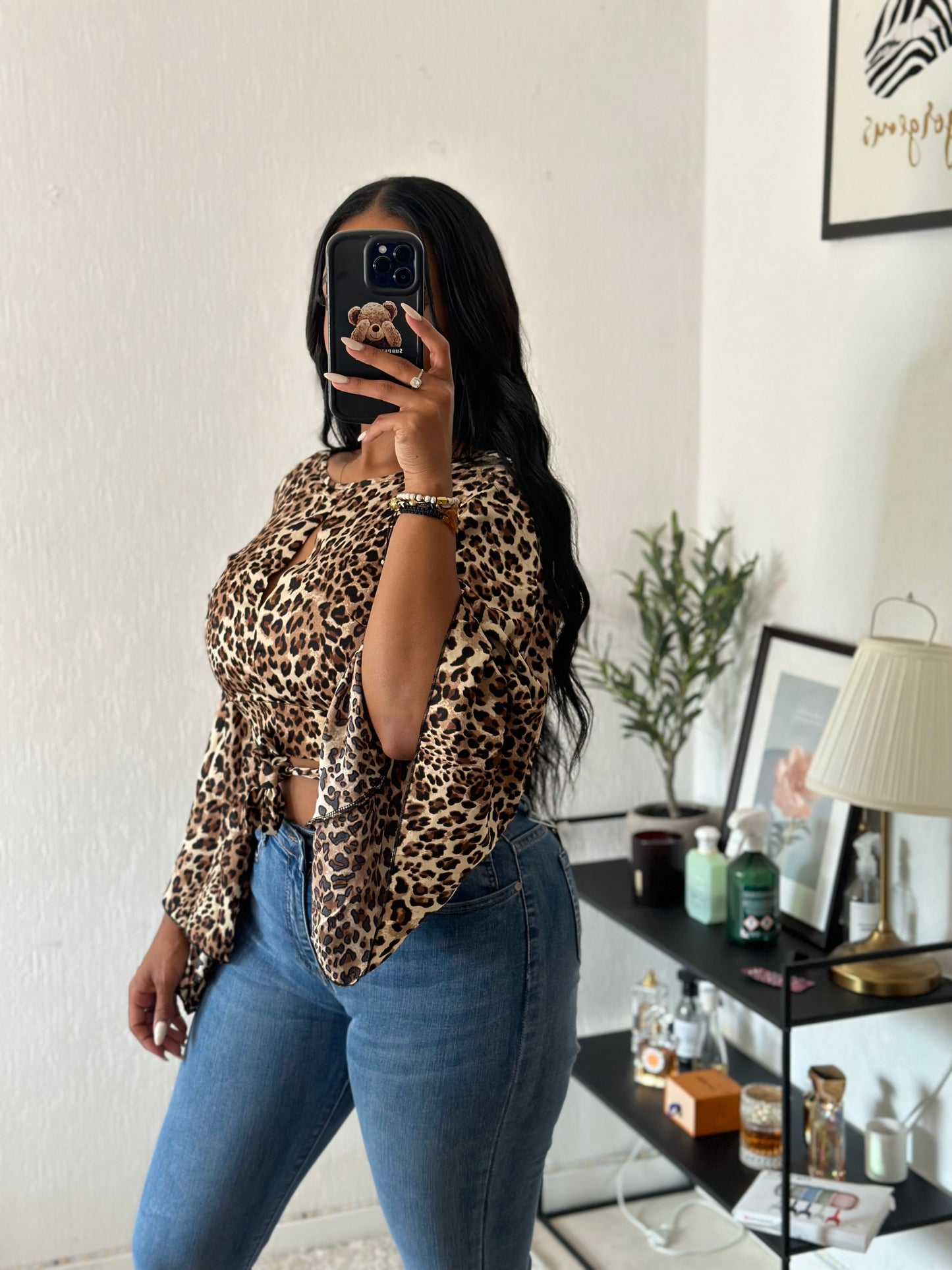 Top leopard manche évasé, dos nu