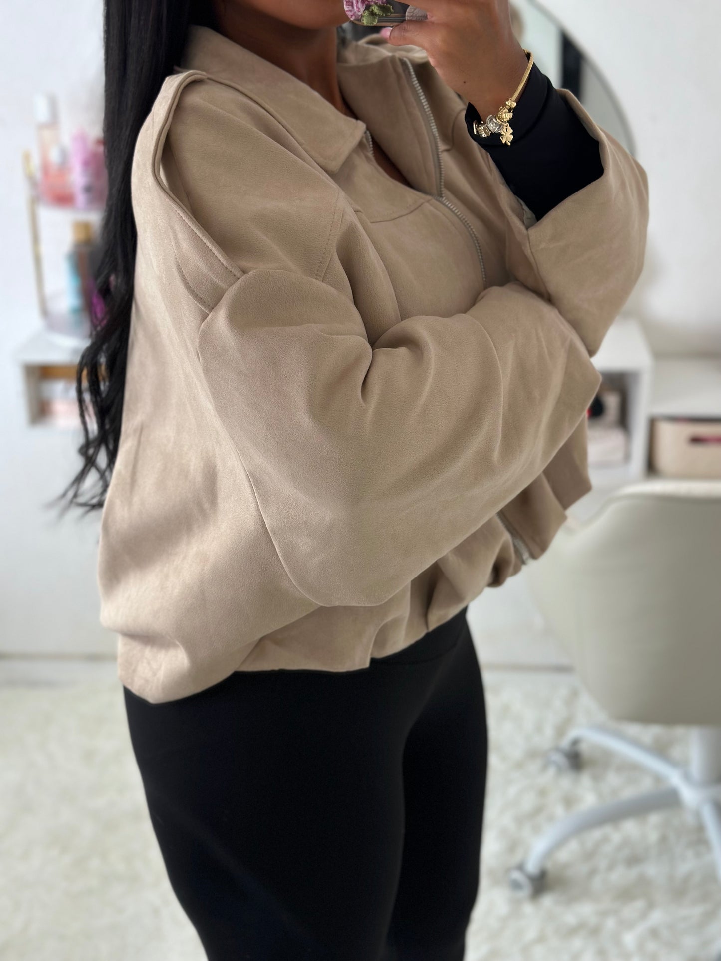 Veste suedine bouffante beige
