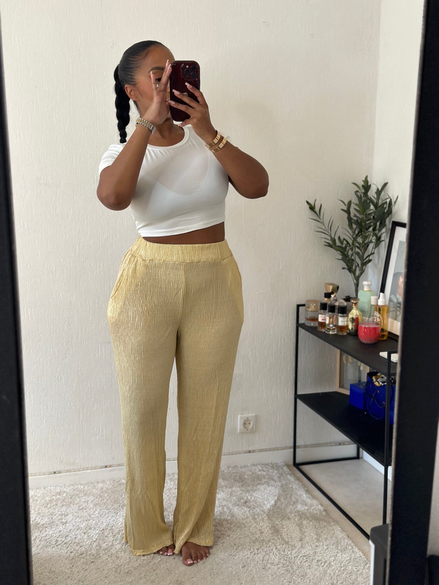 Pantalon palazo jaune doré irisé