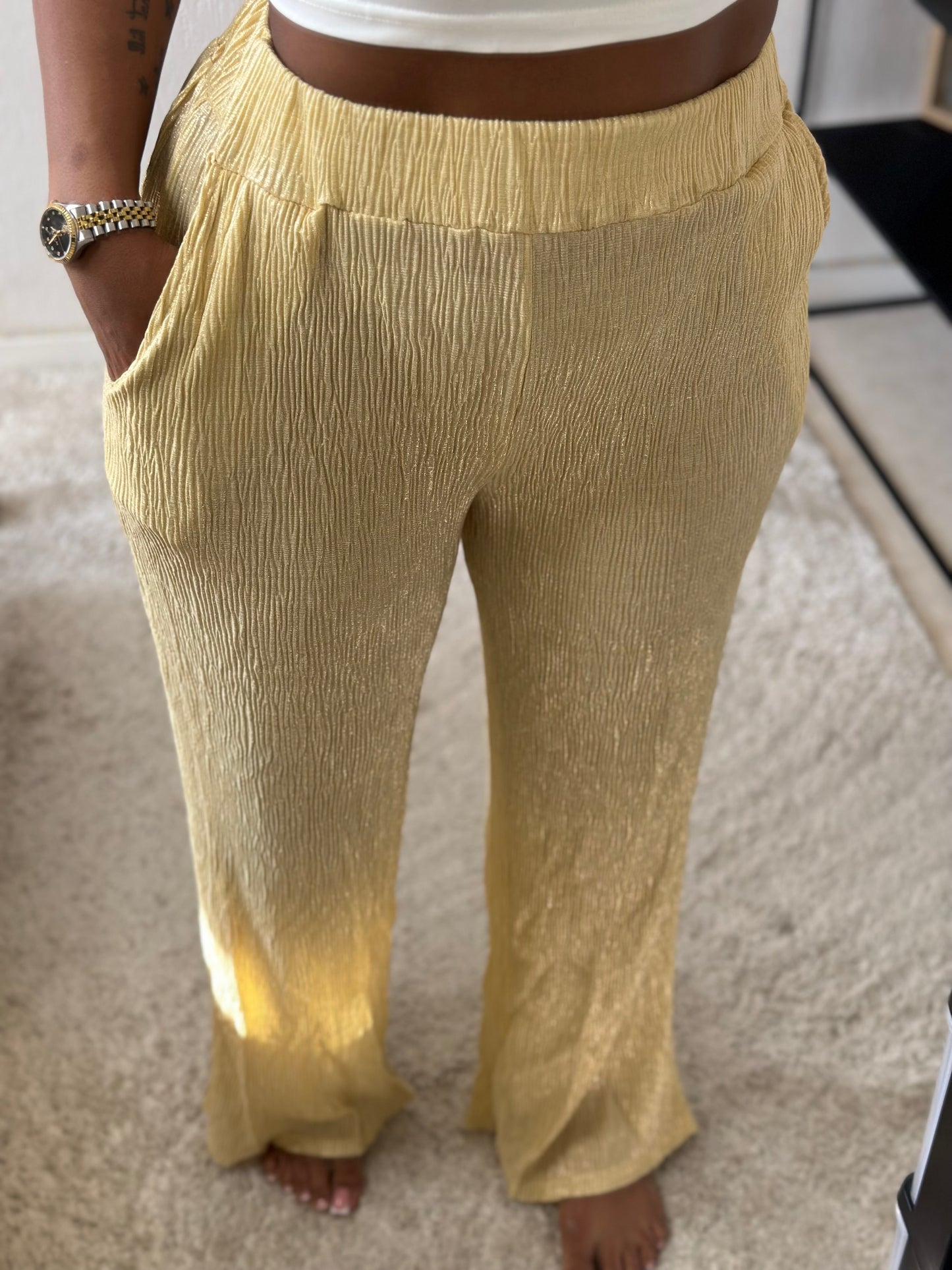 Pantalon palazo jaune doré irisé