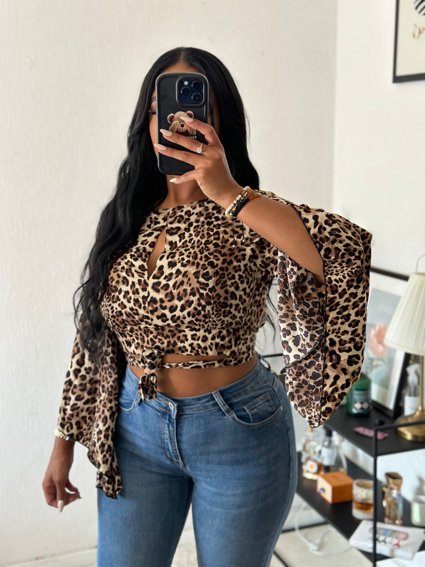 Top leopard manche évasé, dos nu