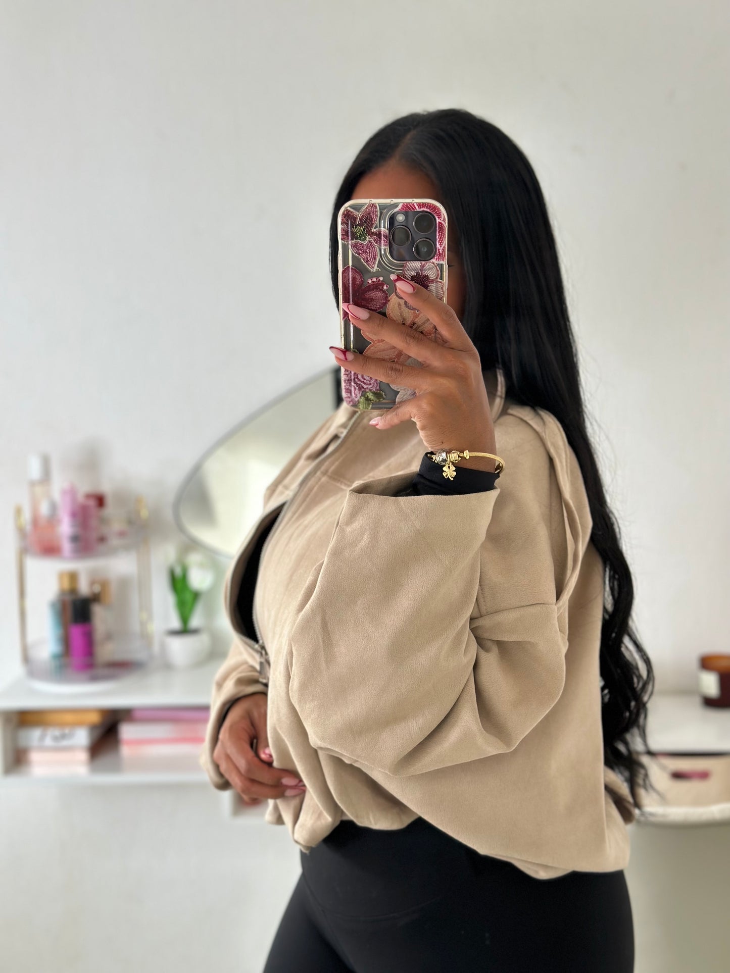 Veste suedine bouffante beige
