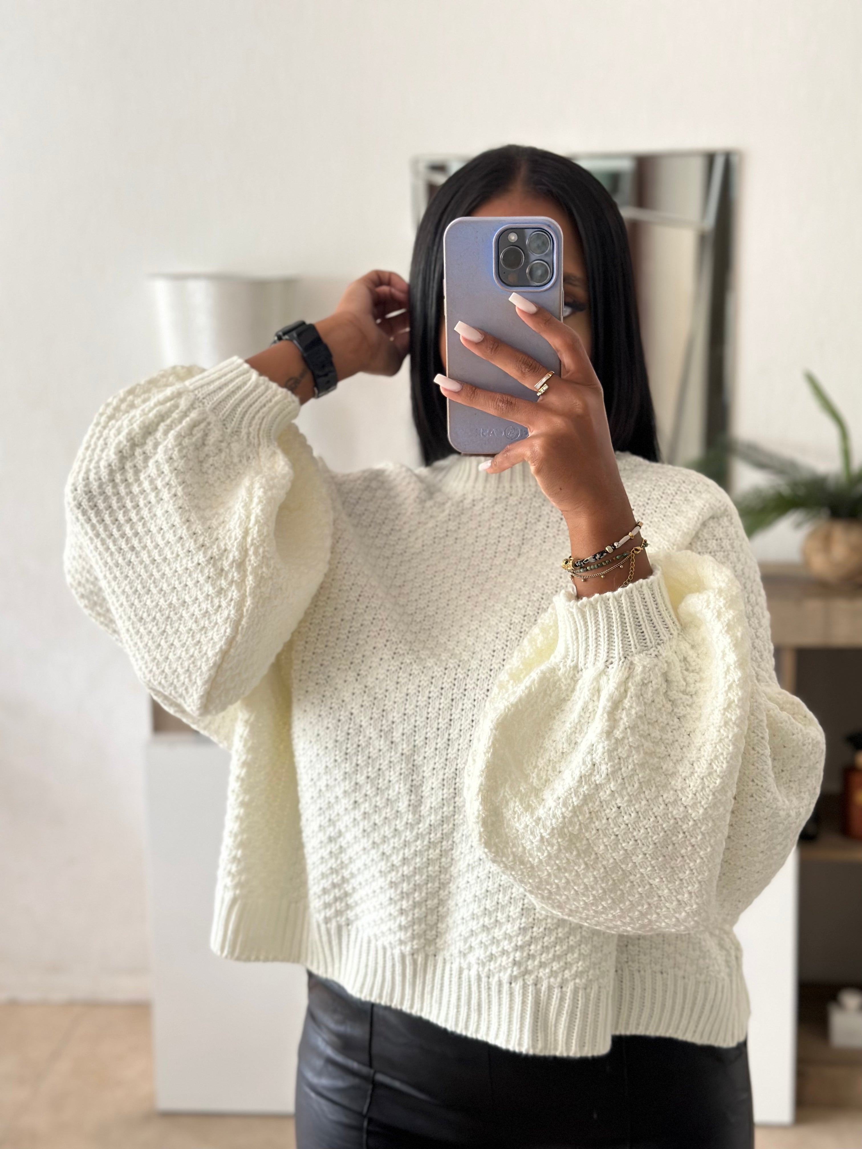 Pull manche ballon blanc cassé