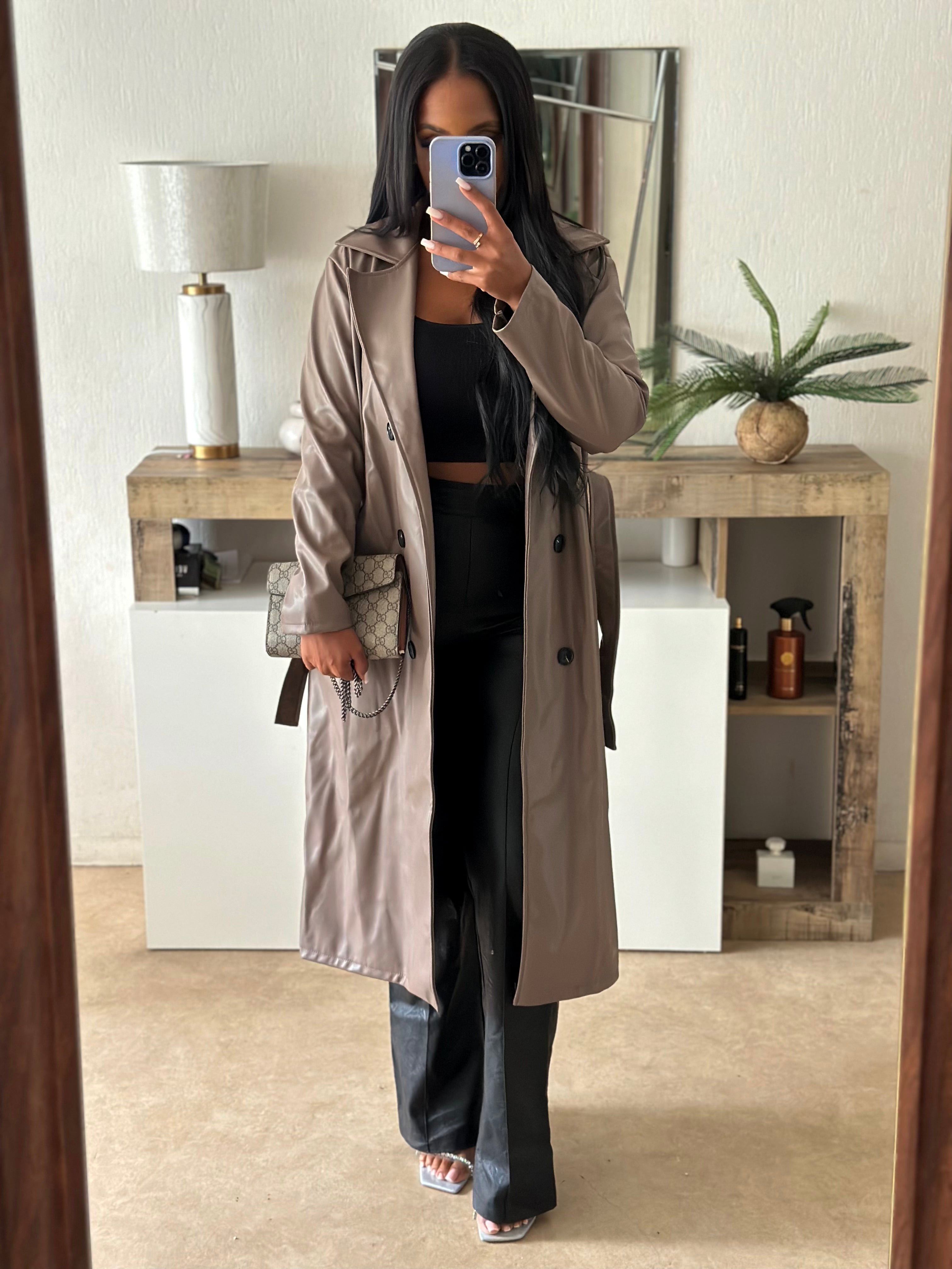 Trench simili cuir gris maronné