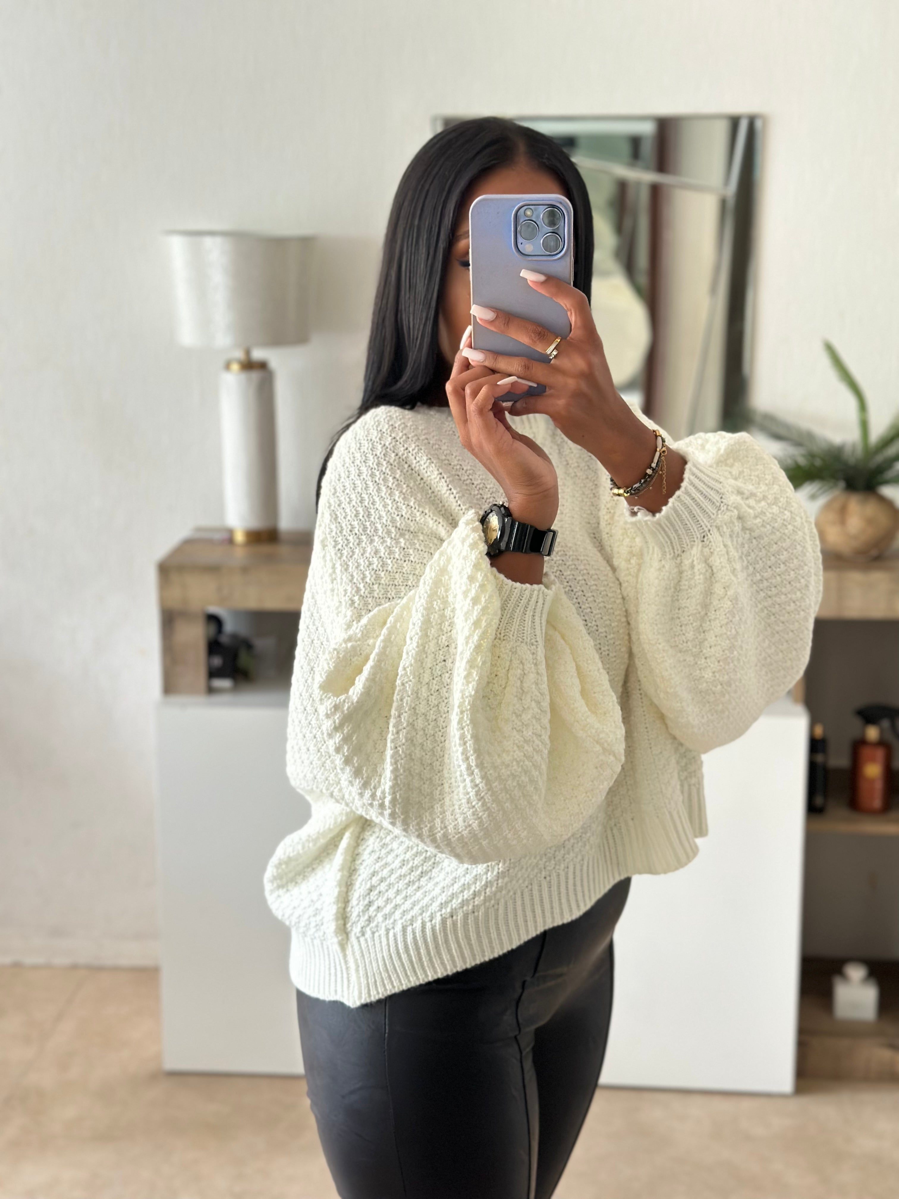 Pull manche ballon blanc cassé