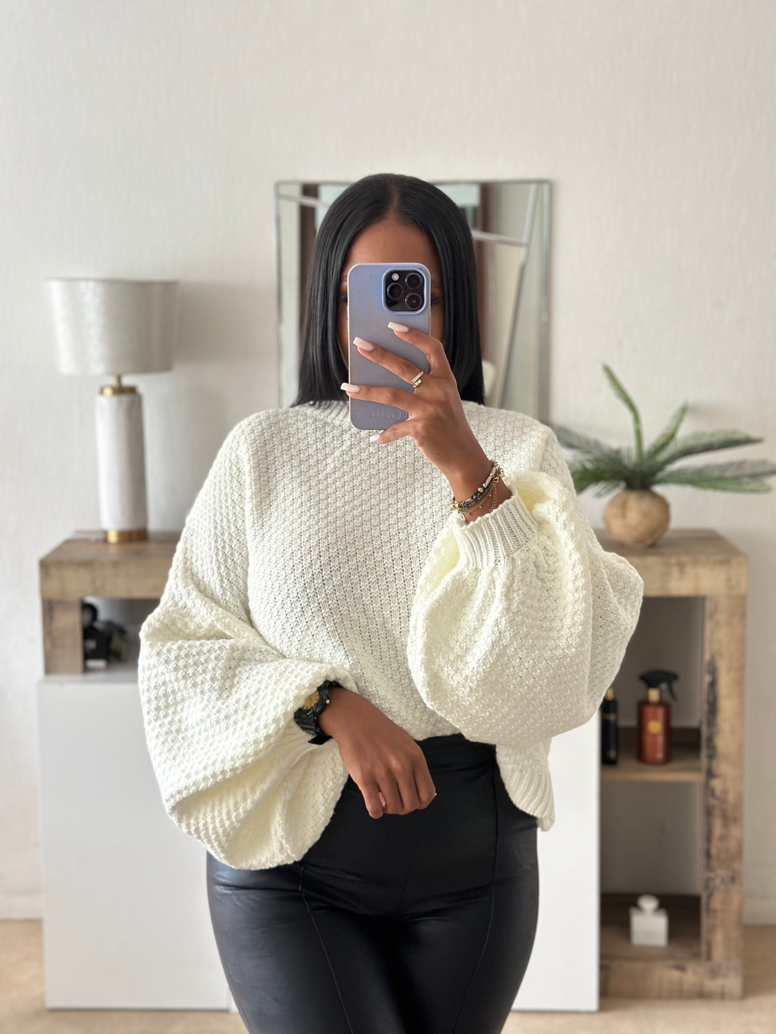 Pull manche ballon blanc cassé