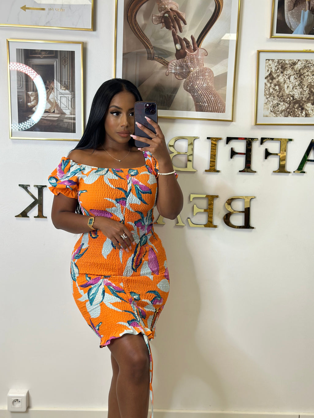 Robe LEYA orange fleurs bleu/violette